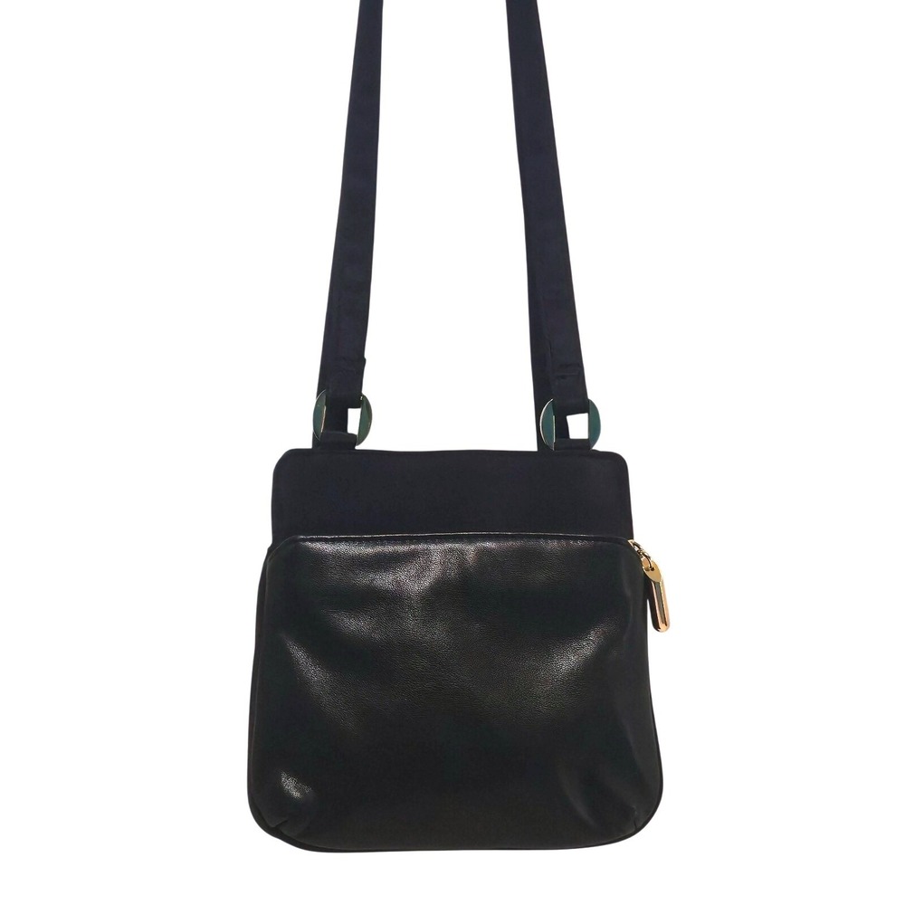 Vtg Black Faux Leather Triple Gusset Shoulder Bag‎ Multi-Compartment TravelPurse
